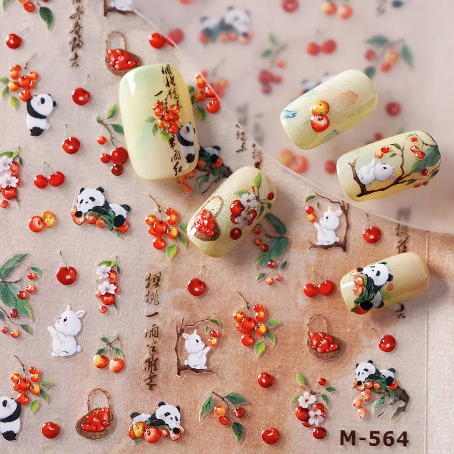 1PCS  5D Shell Light 3D National Panda Nail Stickers Embossed Relief Cherry Adhesive Nail Art Stickers Manicure Decoration Decal