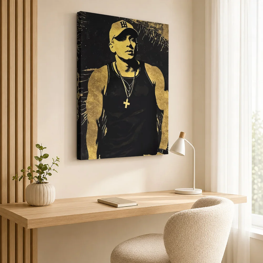 Eminem In Cap And Sleeveless Shirt Framed Canvas Poster Customized Photo Golden Stencil Shading Wall Art For Recording Studio