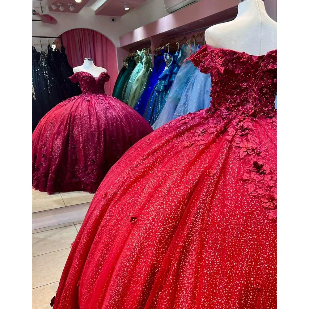 Wine Red Quinceanera Dresses Off The Shoulder Beads Floral Appliques Ball Gown Sweet 15 16 Dress Glitter Tulle Birthday Party