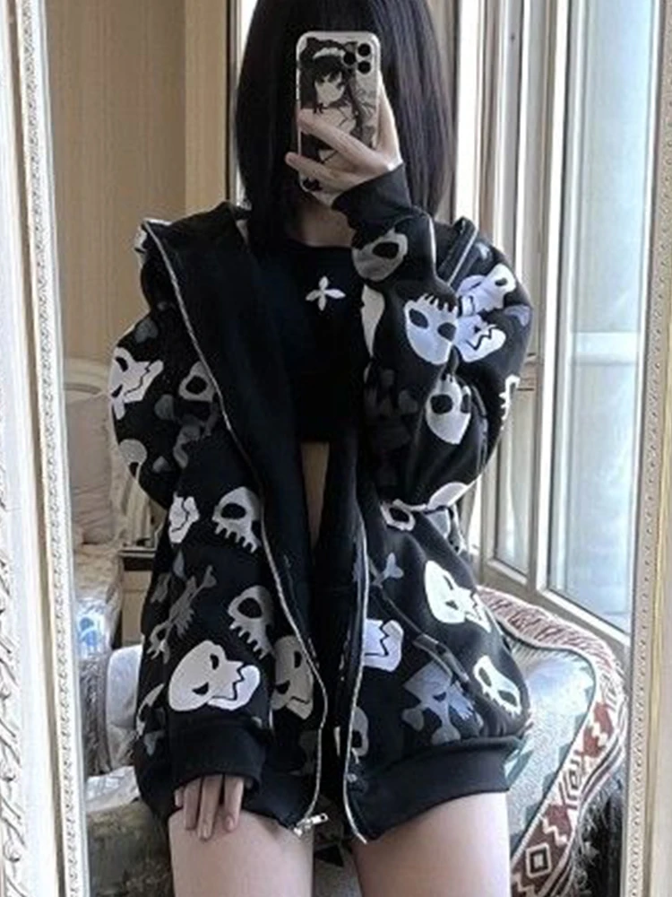 Y2k Sweatshirt Women Mall Goth Harajuku Skull Printed Long Sleeve Zipper Cardigan Hoodie Emo Alt Indie Clothes - view 4