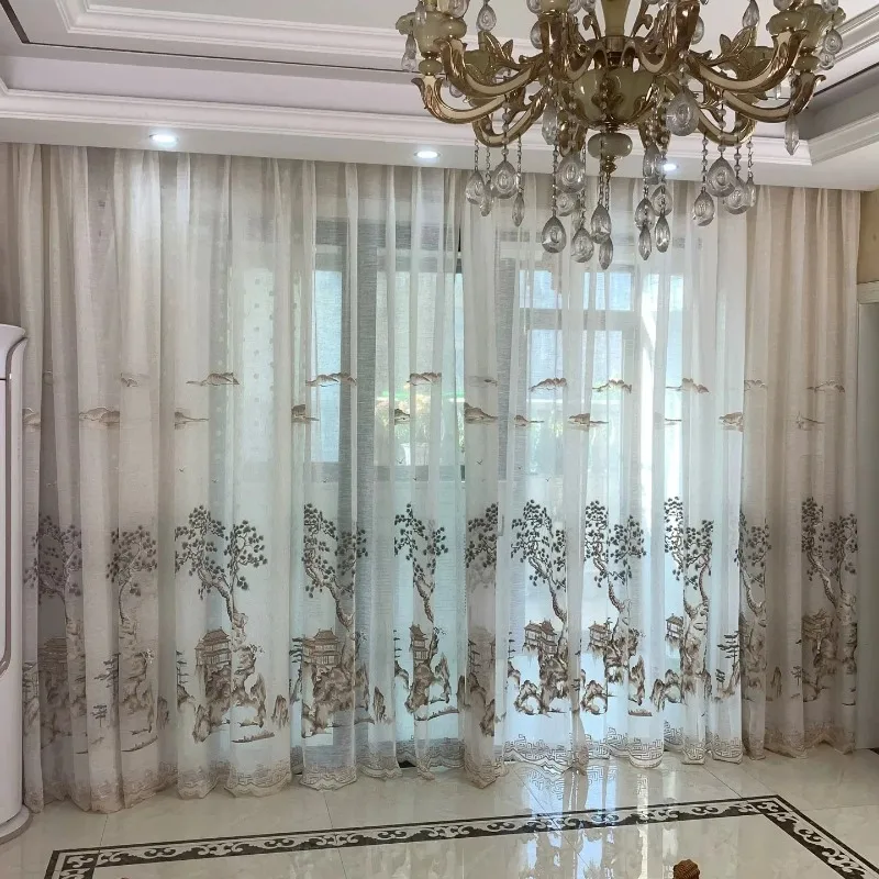 Chinese Retro Style Landscape Embroidery Window Screen Living Room Bedroom Study French Window Balcony Customized Partition