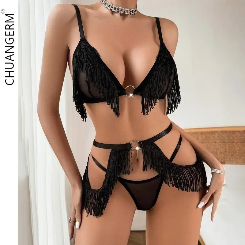 

CHUANGERM Tassel Sexy Lingerie Patchwork Transparent Intimate Underwear Set 3 Pieces Women Push Up Sensual Garter Onlyfans Kit