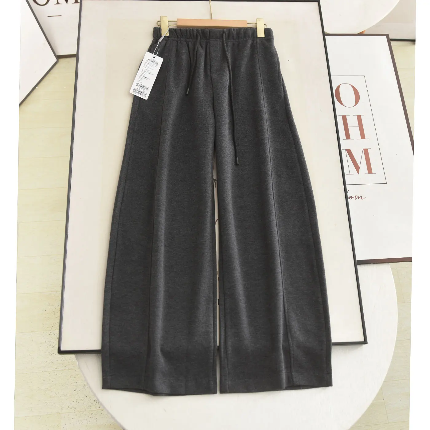 

Slimming Effect Autumn Winter Wide Leg Pants Deep ey Woolen Dstring Elastic High Waist Casual Loose Trousers