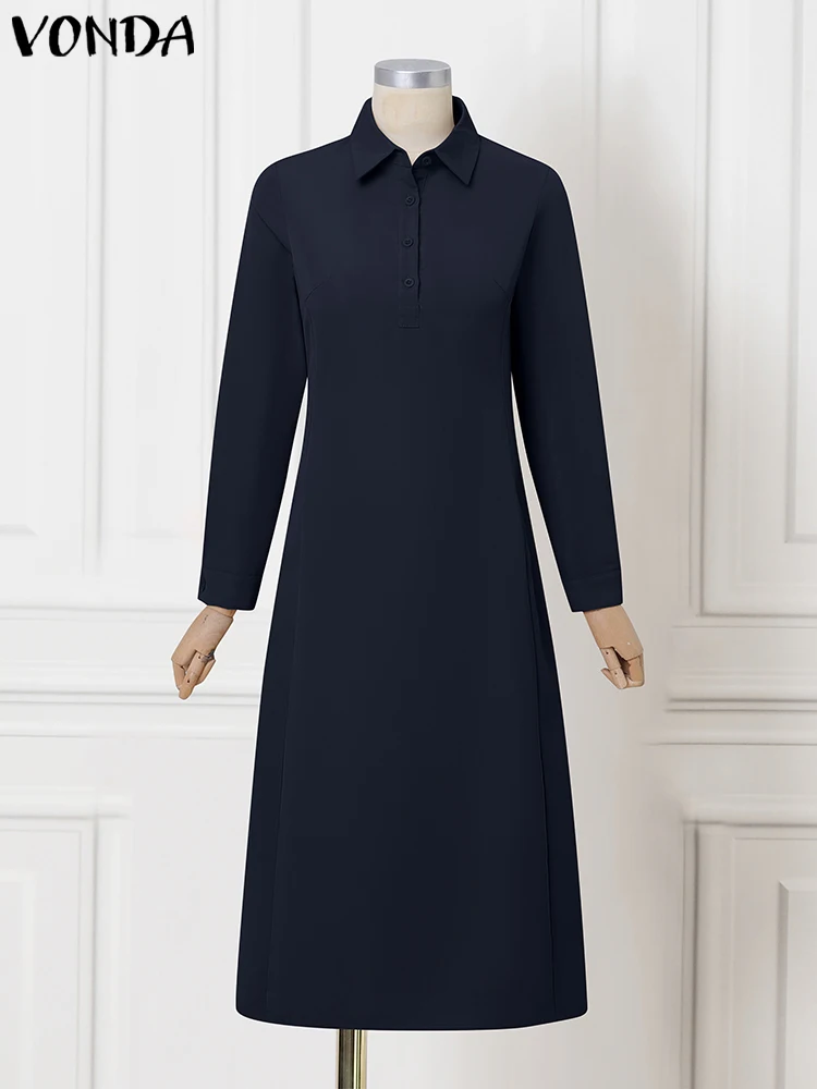 2025 Vestidos camiseros largos elegantes para mujer VONDA, Vestidos largos lisos con cuello de solapa de manga larga, Vestidos de otoño con botones y bolsillos, bata de fiesta para mujer