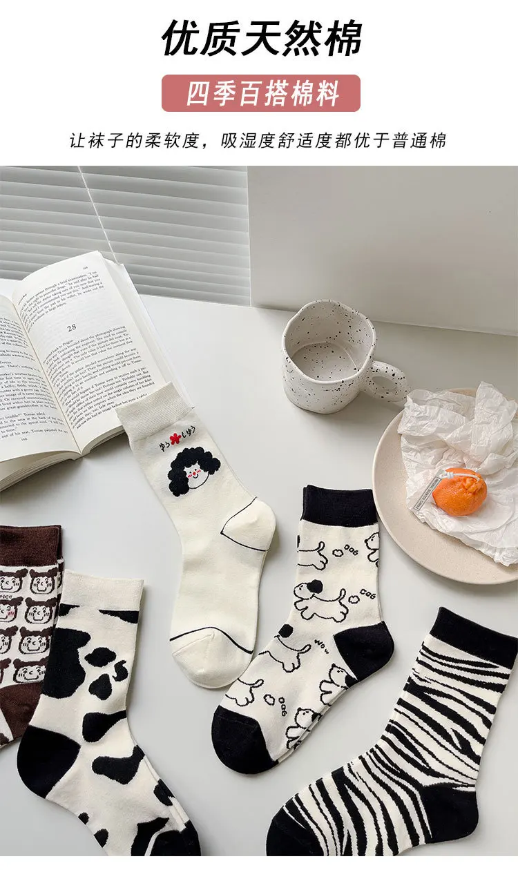 5 أزواج من الجوارب النسائية المخططة للخريف/الشتاء - كارتون، متعدد الاستخدامات، كاجوال، بدون خياطة