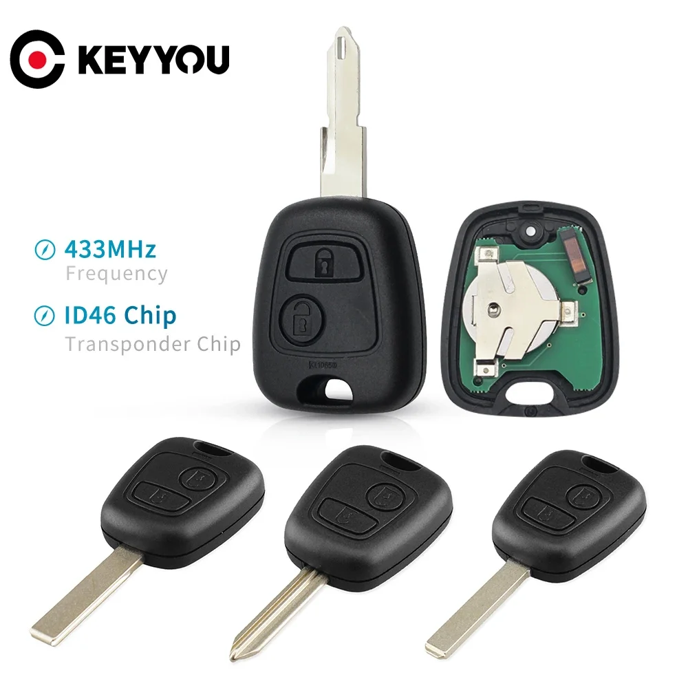 KEYYOU Zdalny kluczyk samochodowy 2 przyciski 433 mhz ID46 Do Peugeot 106 107 206 306 307 207 407 Partner Do Citroen C1 C2 C3 C4 Saxo Picasso