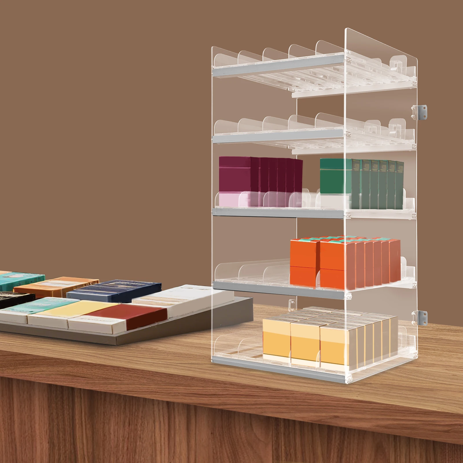 

Cigarette Display Holder, 5-Tier 5-Column Automatic Cigarette Pusher Tray for Retail Store, Aluminum Alloy Display Holder