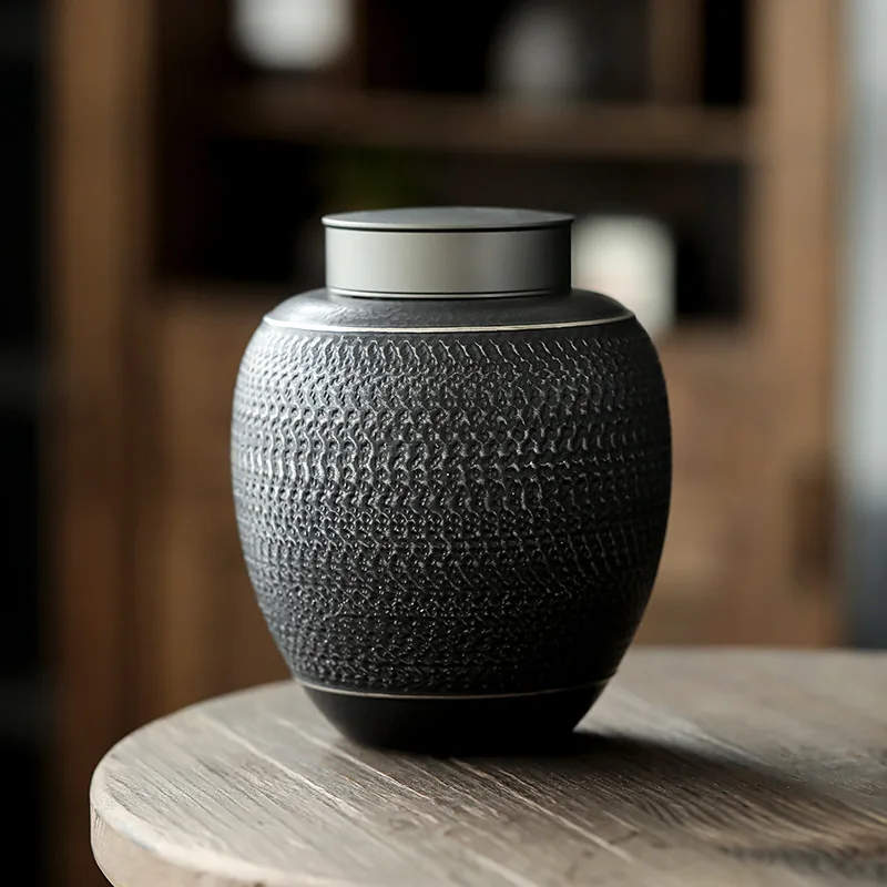 Black Ceramics Pet Urn, Creative Pattern, Unique Pet Urns, Cremation, Surviving Your Pet, Suitable for Dog, Cat, Grey Storage Ta - Image 3