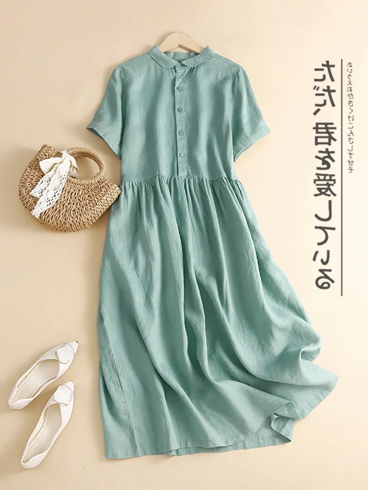 فستان قميص من الكتان والقطن الفضفاض للنساء بياقة دمية وسراويل كارجو بذيل واحد فستان صيفي على شكل حرف A متوسط ​​الطول