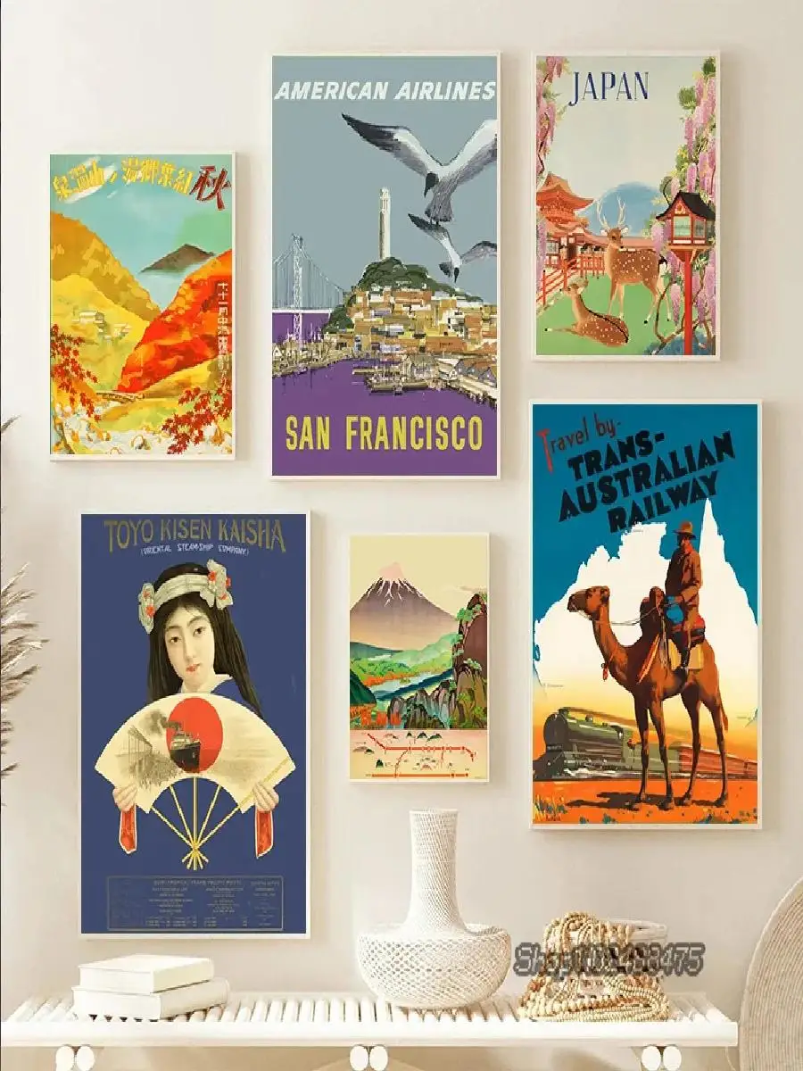 Vintage World Cities Travel Posters  Hong Kong Japan India Rome Wall Art Canvas Prints for Home Decor