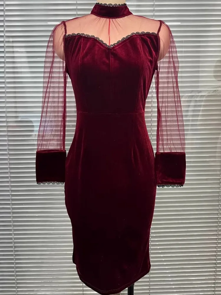 Sukienka z aksamitu na wiosnę i jesień 2026, damska, z długim rękawem, dekolt okrągły, jednolita, seksowna, elegancka, na wieczorne przyjęcie, obcisła, elastyczna, modelująca sylwetkę.