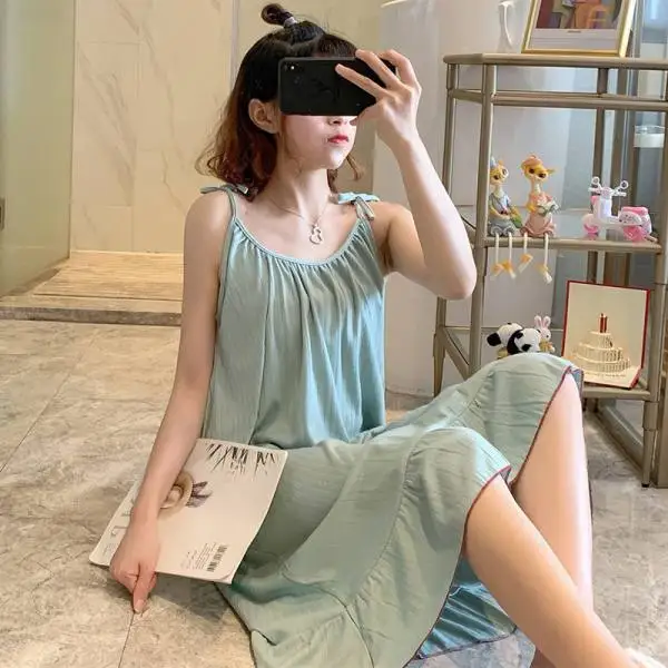 Women Cute Nightgown Pajamas Milk Silk Solid Color Sleepwear V Neck Lingerie Sexy Spaghetti Strap Nightwear Girls Homewear Dress