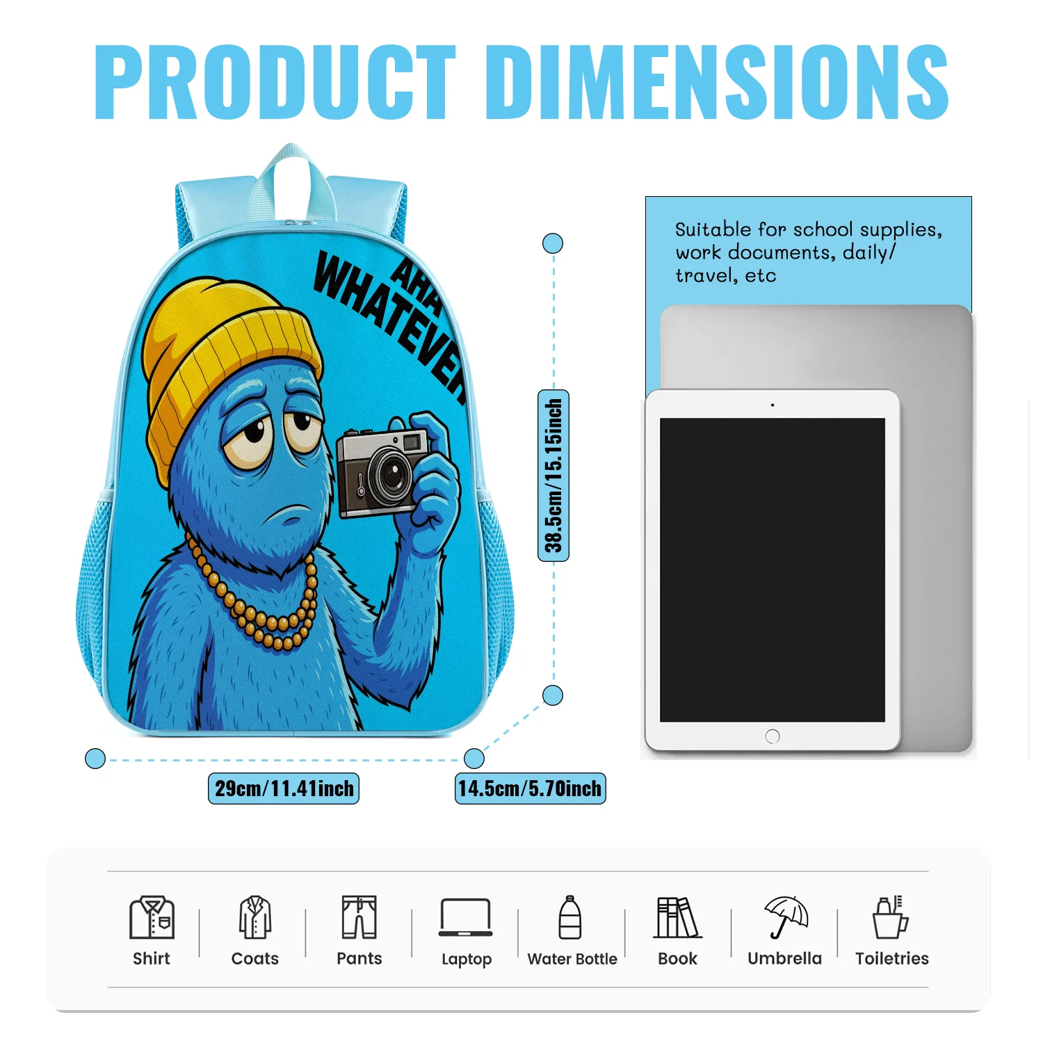 Cool Blue Monster Backpack Lightweight School Bookbag with Camera Beanie Hat Pearl Print Adjustable Padded Straps