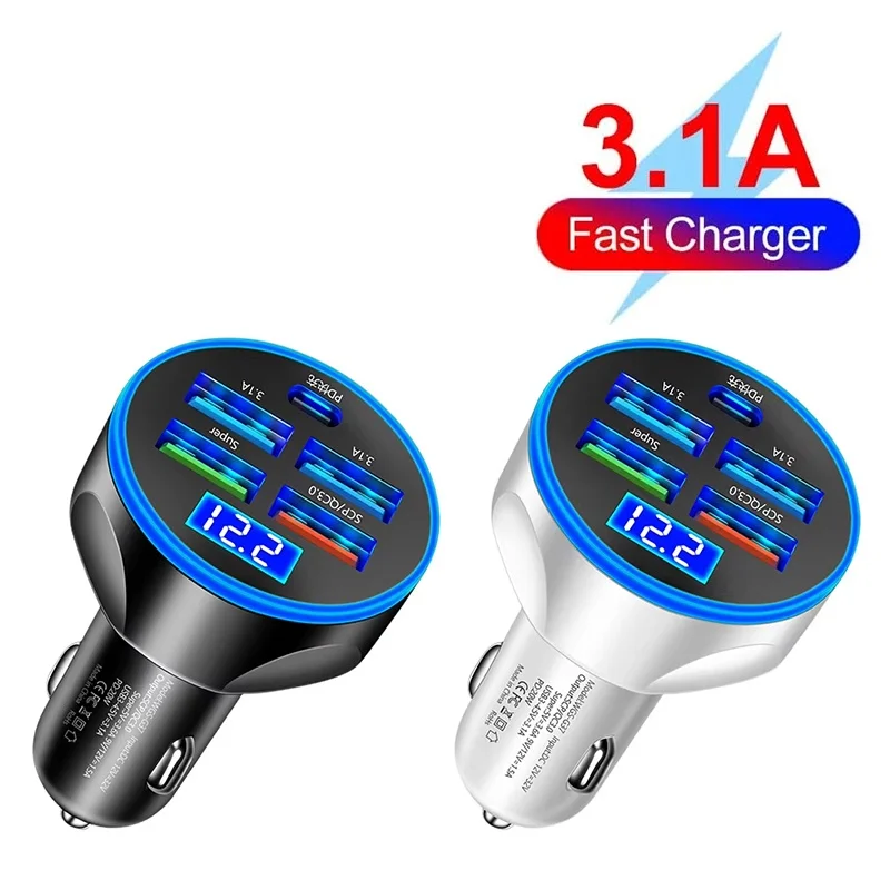 250W PD QC3.0 Car Adapter Type C USB Ports For iPhone Xiaomi Huawei Realme OPPO Super Fast Charging Driving Travel Charging Tool
