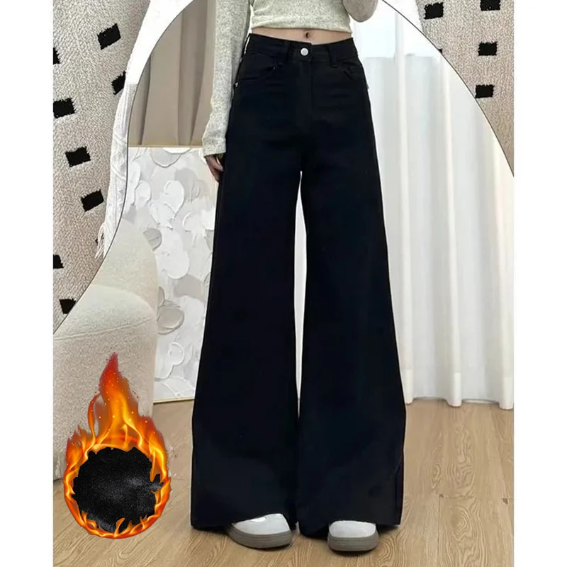 Winter Lady High Waist Baggy Plush Jeans Female Snow Warm Solid Trousers Girls Classic Korean Fleece Thermal Denim Pants