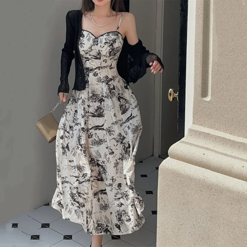 2024 New Large French Light Luxury Floral Dress Set for Women\'s Summer Ink Painting Suspender Long Skirt Two Piece Set For Woman