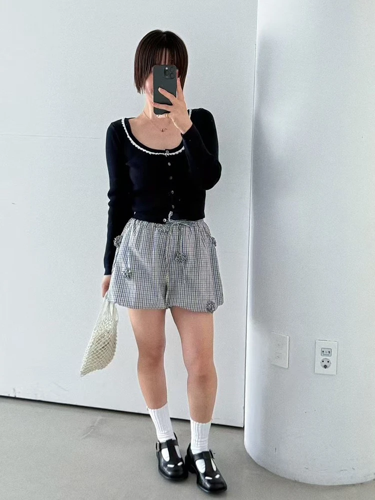 

PREON Весна-Лето Новые эластичные шорты в клетку с 3D цветочным декором, повседневные, свободного кроя, с высокой талией, прямые штанины