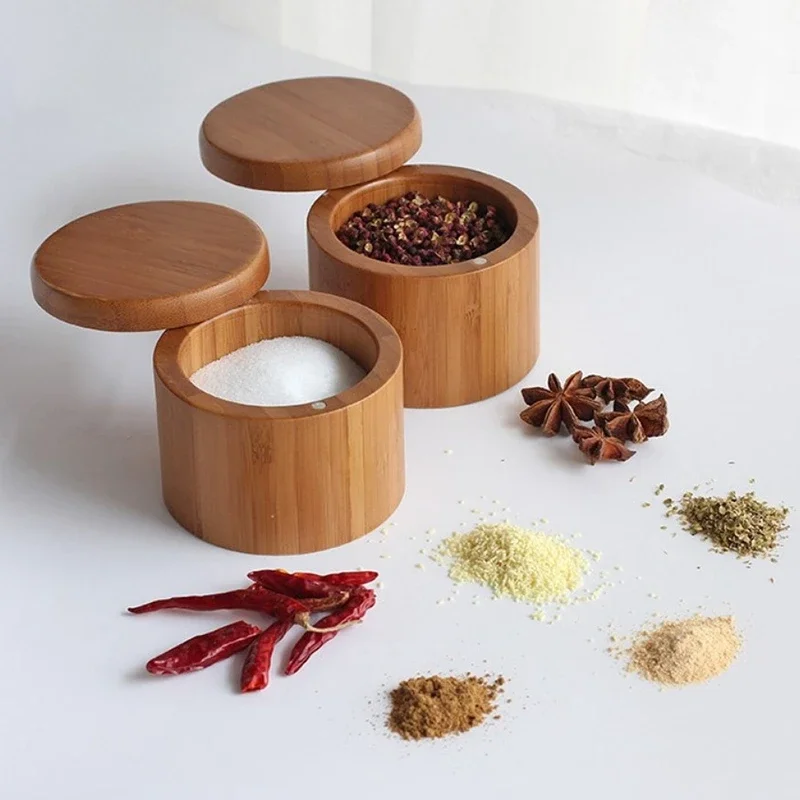 

2Pcs Wooden Storage Boxes Salt Bamboo With Magnetic Swivel Lid Container For Kitchen Containers