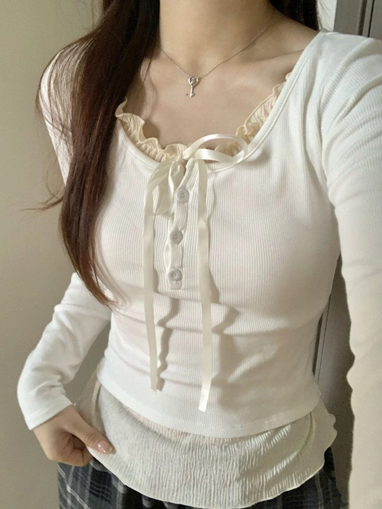 Spring and Summer Casual Slim Fit Shoulder Long Sleeved White Short Tops Fake Two-Piece Interior Bottom Shirt for Women