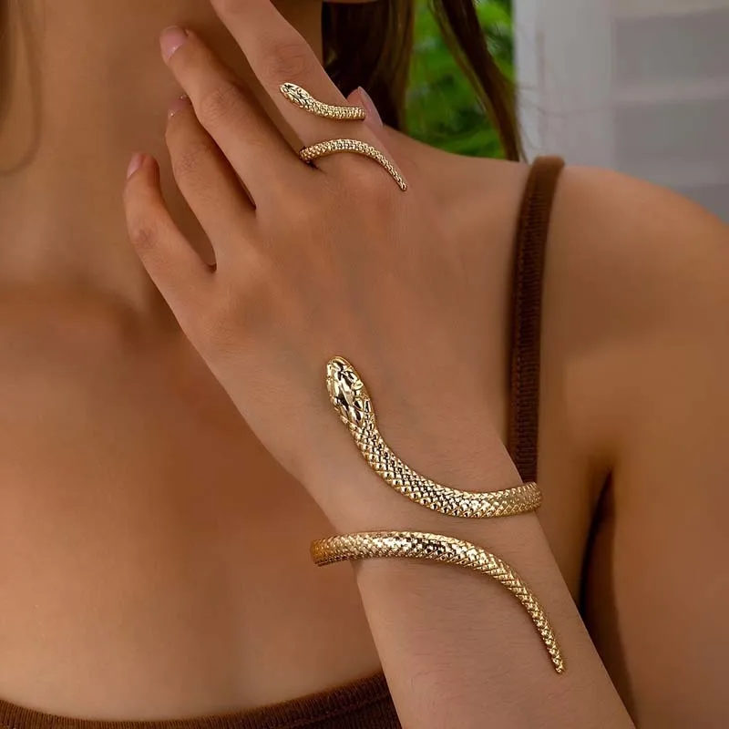 Vintage Gold Color Snake Shaped Bracelets for Women Men Punk Metal Texture Opening Adjustable Bracelet Party Jewelry Accessories