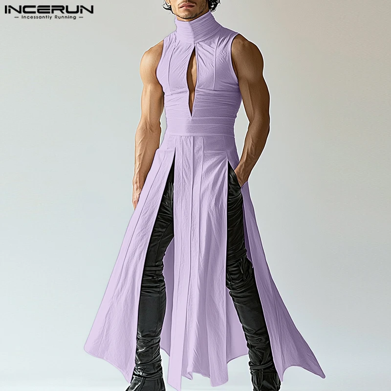 

INCERUN Men Long Style Tank Tops Solid Color Hollow Out Sleeveless Fashion Irregular Male Vests Streetwear 2025 Men Clothing