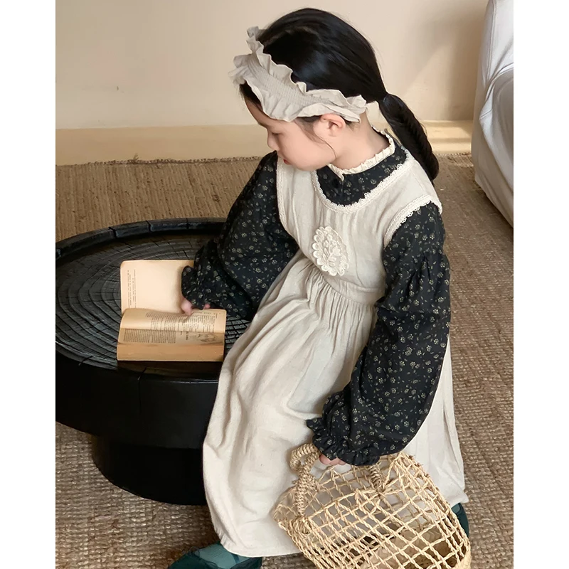 1-10 anni camicia floreale per ragazze primavera autunno cotone traspirante camicetta per bambini Vintage lino cotone gilet di pizzo vestito per bambini abiti di natale