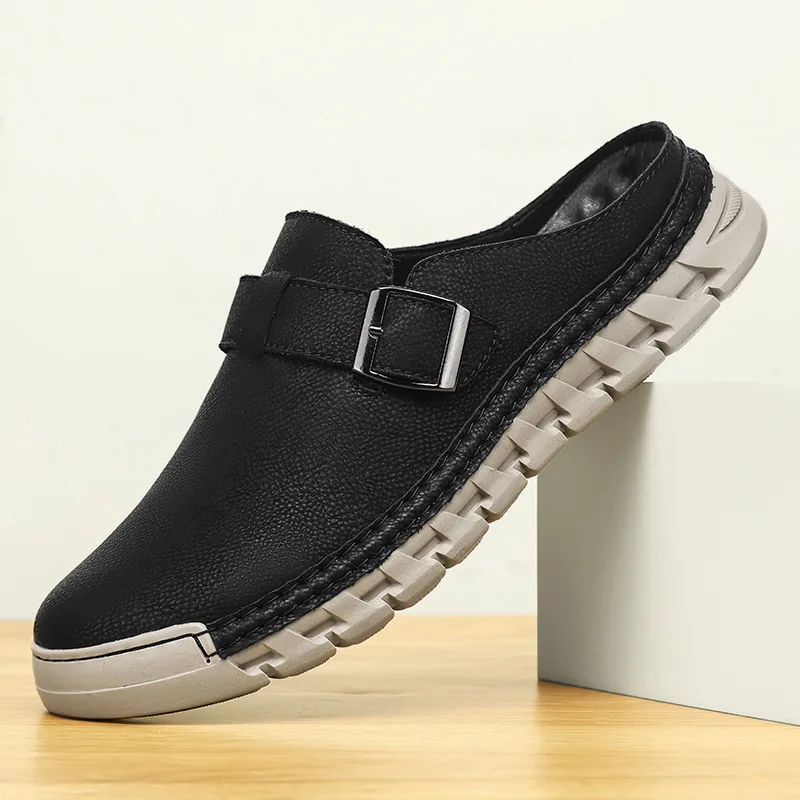 Baotou Sandals Men's Large 46 Retro One Step Half Slippers 45 Anti slip Casual Breathable Leather Slippers