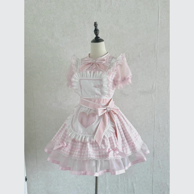 

Girly Soft Girl Sweet Pink and White Plaid Ruffle Edge Bow Gauze Strap Фартук Пушистая юбка Комплект из двух предметов Женский боди Нижнее белье