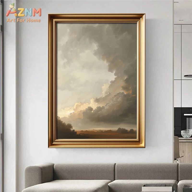 AZNM Retro Cloud landscape canvas painting core, European Evening Sky Art decorative paintings,  living  bedroom decorative