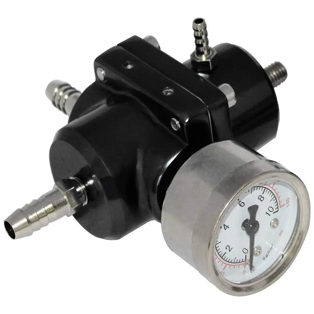 Aluminum Universal Adjustable Fuel Pressure Regulator + Gauge+ Fitting Kit Black
