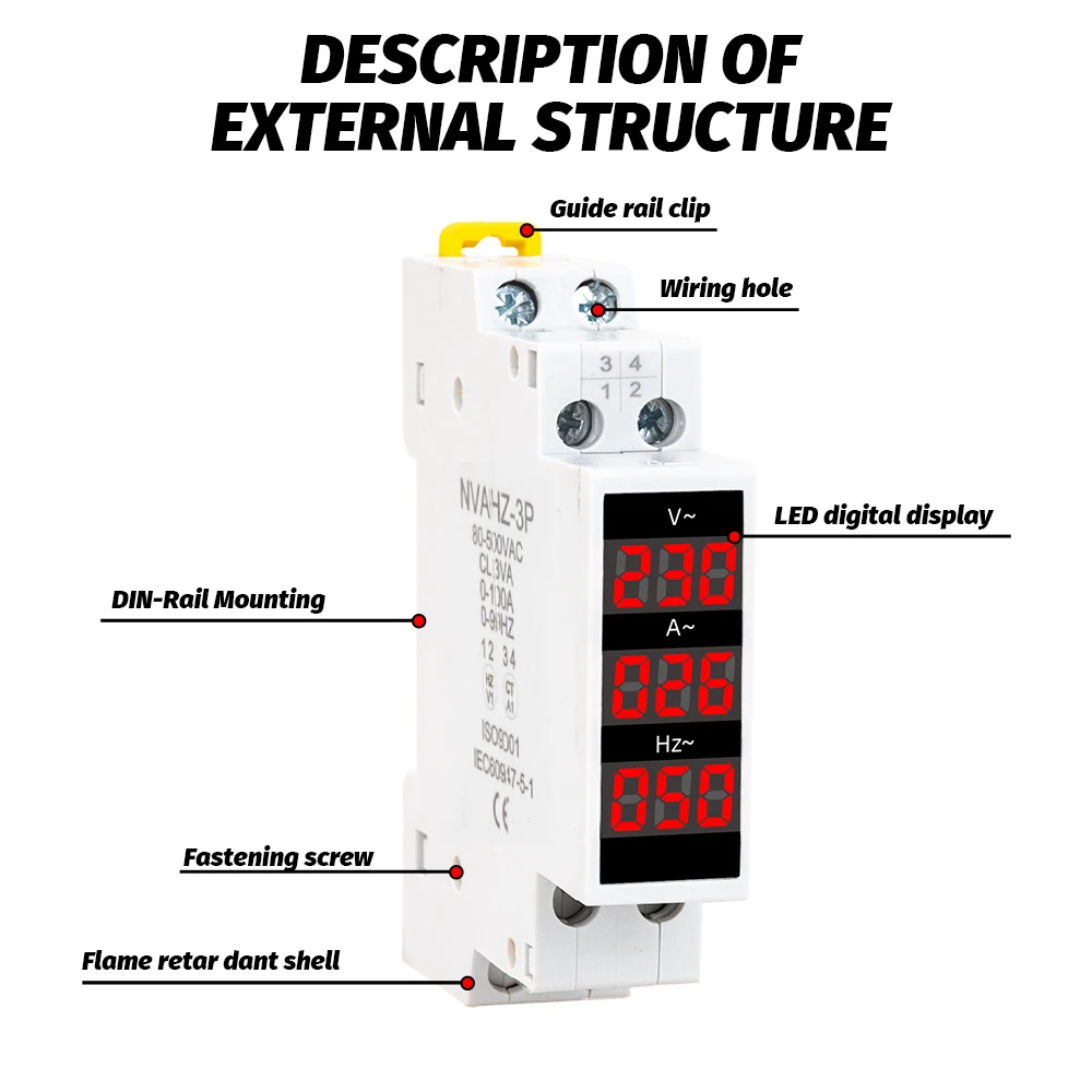 Din Rail 18mm Voltage Current HZ Meter AC 80-500V 220V 380V 100A Modular Ammeter Voltmeter LED Indicator Digital Volt Tester