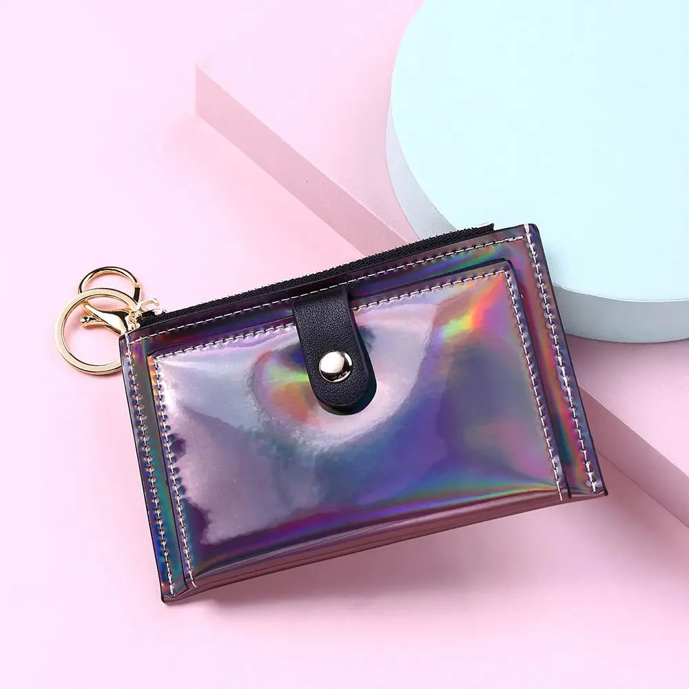 Fashion Women Double Sided Zipper Credit ID Card Bank Card Coin Purse Laser Card Holder Keychain Mini Wallet