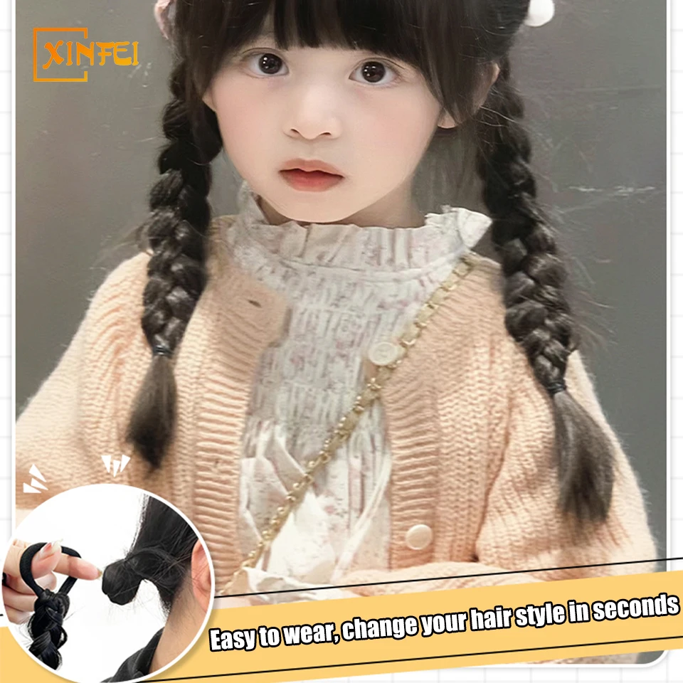 Synthetic Wigs Braided Hair Children\'s Long Straight Hair Sweet And Lovely Fluffy Ponytails A Pair Of Natural Boxing Braids