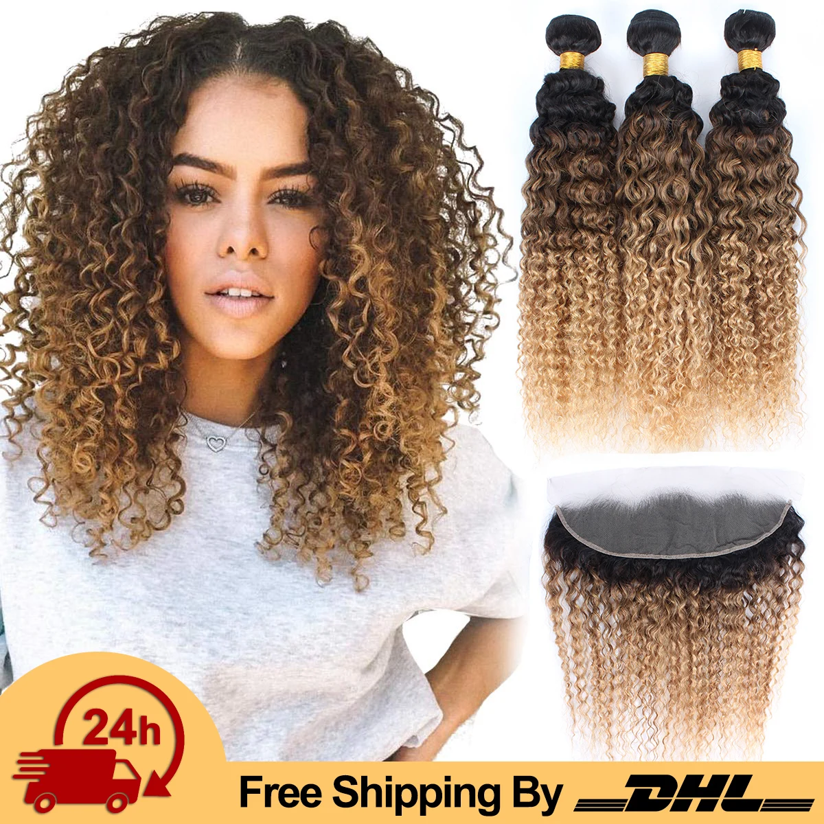 Bundles With Frontal Curly Wave Human Hair Extensions Ombre Brazilian Human Hair Weave Bundles With Closure Blonde Brown Remy