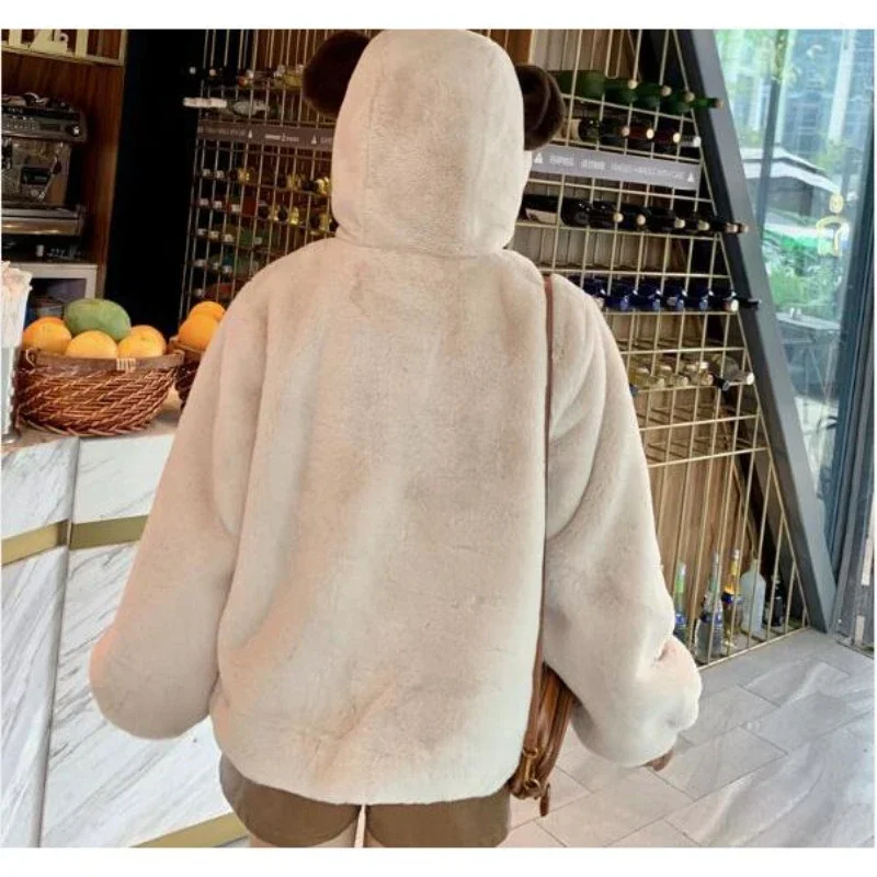 Japanese Style Kawaii Girls Plush Lolita Coat Women Autumn and Winter Cute Solid Thickened Hairy Bear Ears Warm Hooded Jackets