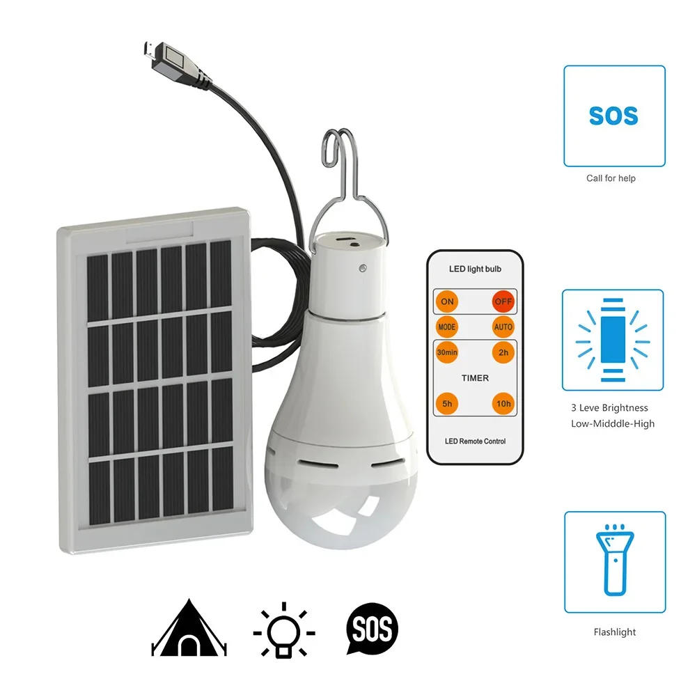 Solar Powered Led Bulb Built-in Battery 5 Modes 20 COB LED Solar Light USB Rechargeable Energy Bulb for Outdoor