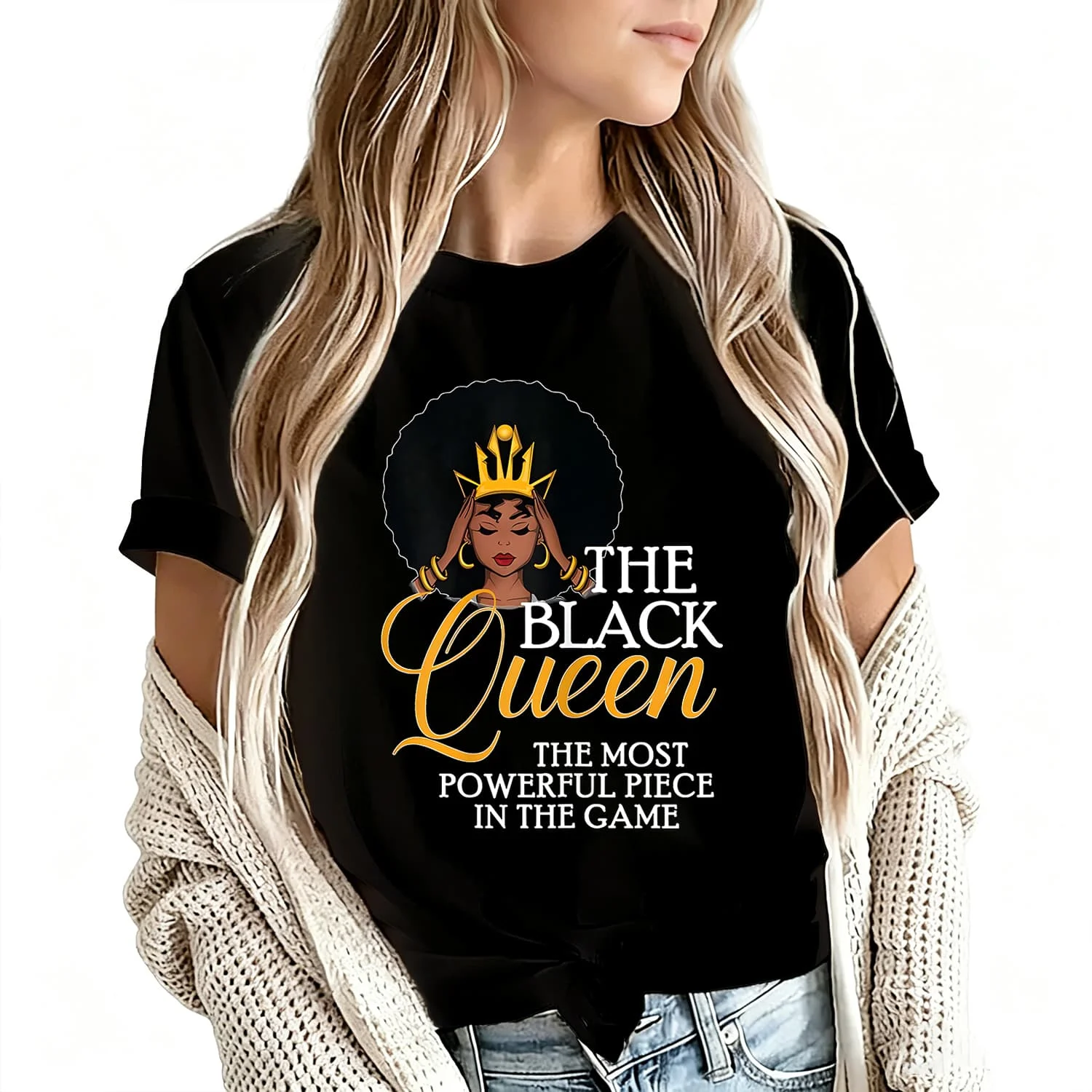 Black Queen Most Powerful Piece in the Game Women's T-Shirt 100% Cotton Funny Graphic Short Sleeve Tee Novelty Shirt Casual Crew Neck Top S-5Xl