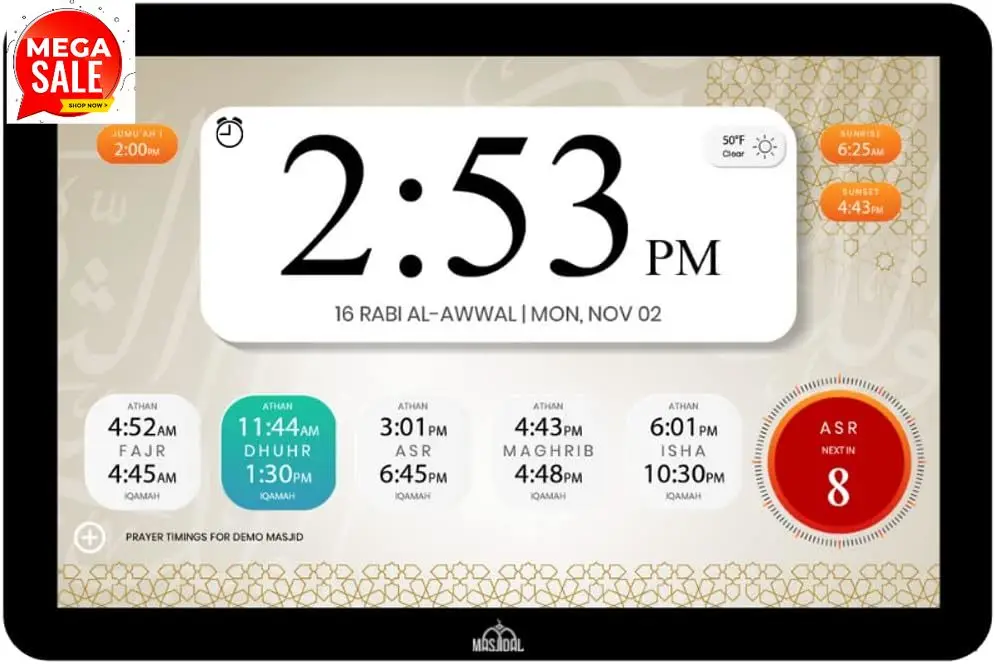 Reloj Azan Digital de 14 Pulgadas con WiFi, Pantalla Táctil Dinámica, Horarios de Oración Mundiales, Reproductor de Corán Completo, Arte Islámico, Transmisión Halal