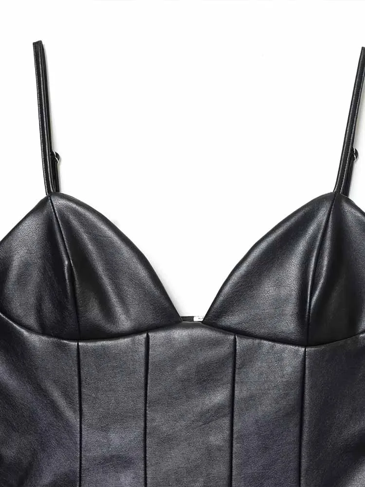 Estilo europeu e americano inverno nova moda roupas femininas elegante fino ajuste de couro falso em camadas decoração vestido curto