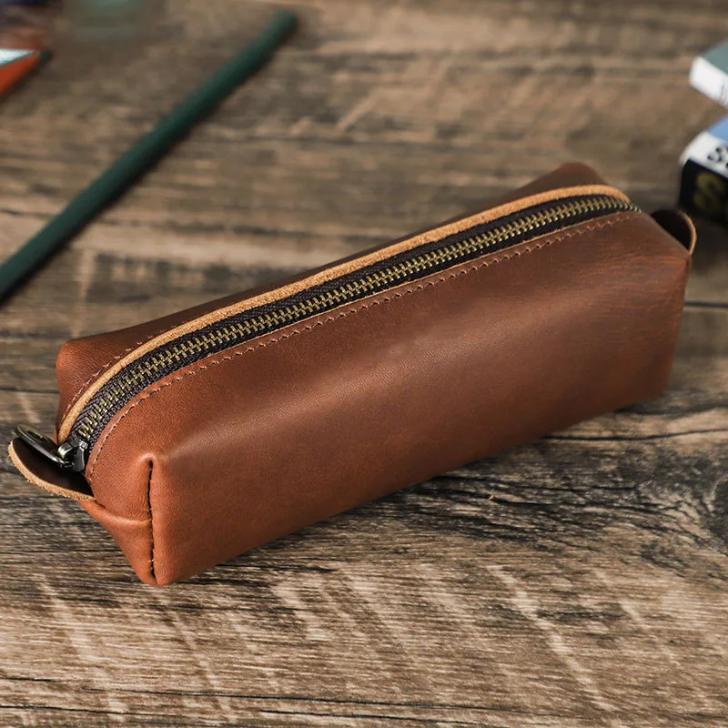 

Винтажный чехол для ручек из натуральной кожи ручной работы, студенческая сумка для хранения канцелярских принадлежностей, квадратный пенал на молнии, деловые подарки
