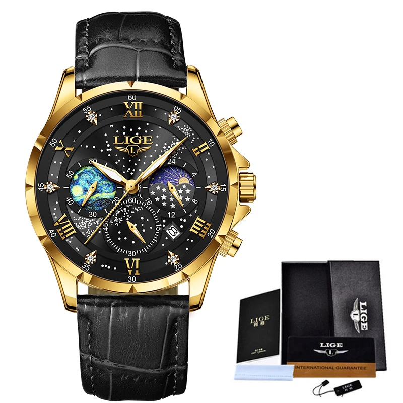 LIGE Fashion Brand Luxury Mens Watches Business Watch Men Leather Military Sport Waterproof Date Chronograph Montre Homme+BOX