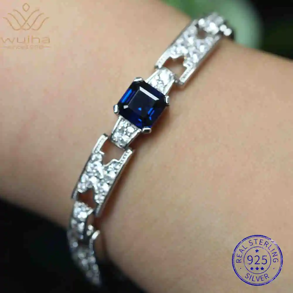 

WUIHA 925 Sterling Silver Asscher Cut Lab Sapphire High Carbon Diamond Gemstones Bracelet Bangle Cocktail Fine Jewelry Wholesale