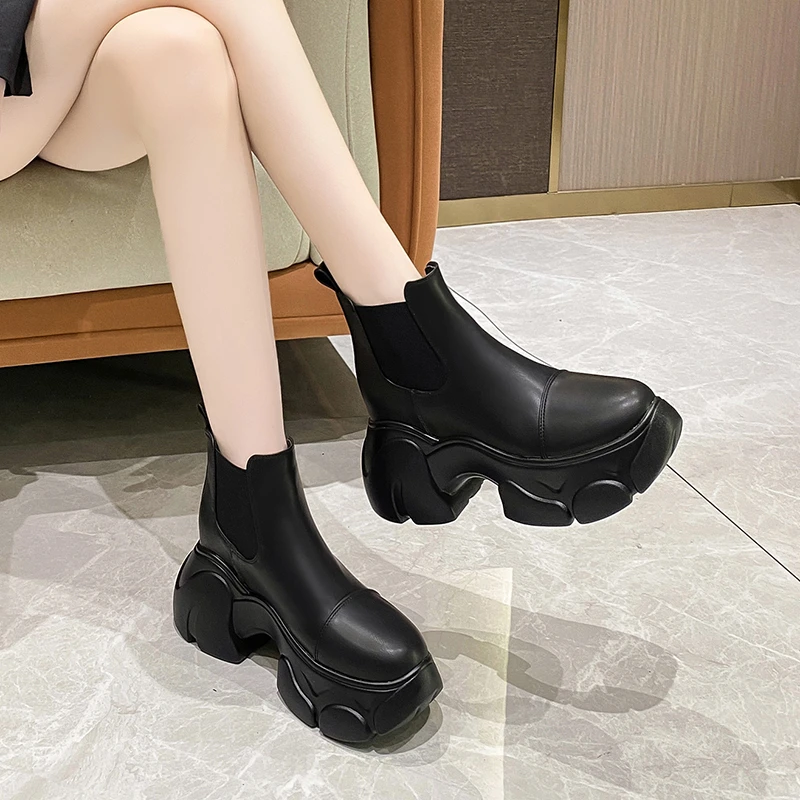 2023 nowe modne buty jesienne buty damskie botki damskie koturny damskie buty Chelsea Boot 10CM buty na platformie zimowe ciepłe