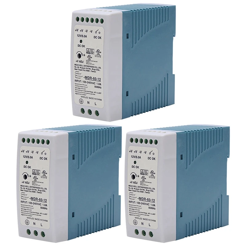 3X MDR-60 12V 60W Din Rail Power Supply Ac-Dc Driver Voltage Regulator Power Suply 110V 220V