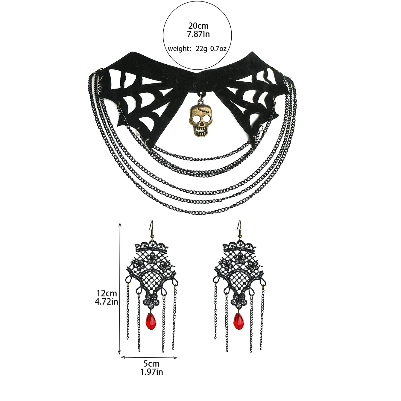 Retro Lace Skull Necklace Earrings Set Spider Web Design Necklace Earrings Set Black Halloween Jewelry