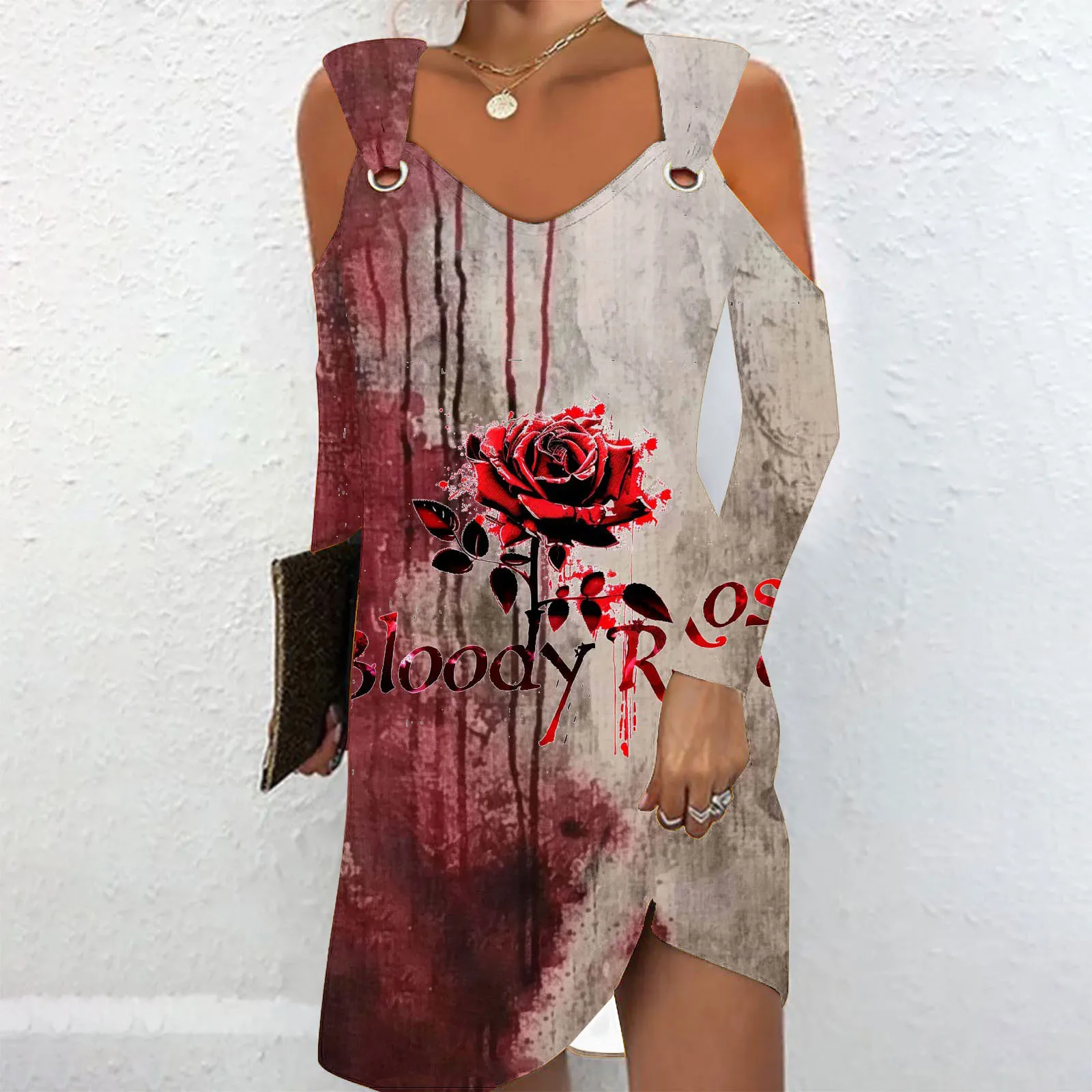 

Сексуальное женское платье с открытыми плечами и длинными рукавами, осень 2024, повседневные мини-платья с принтом на Хэллоуин для женщин, халат Femme