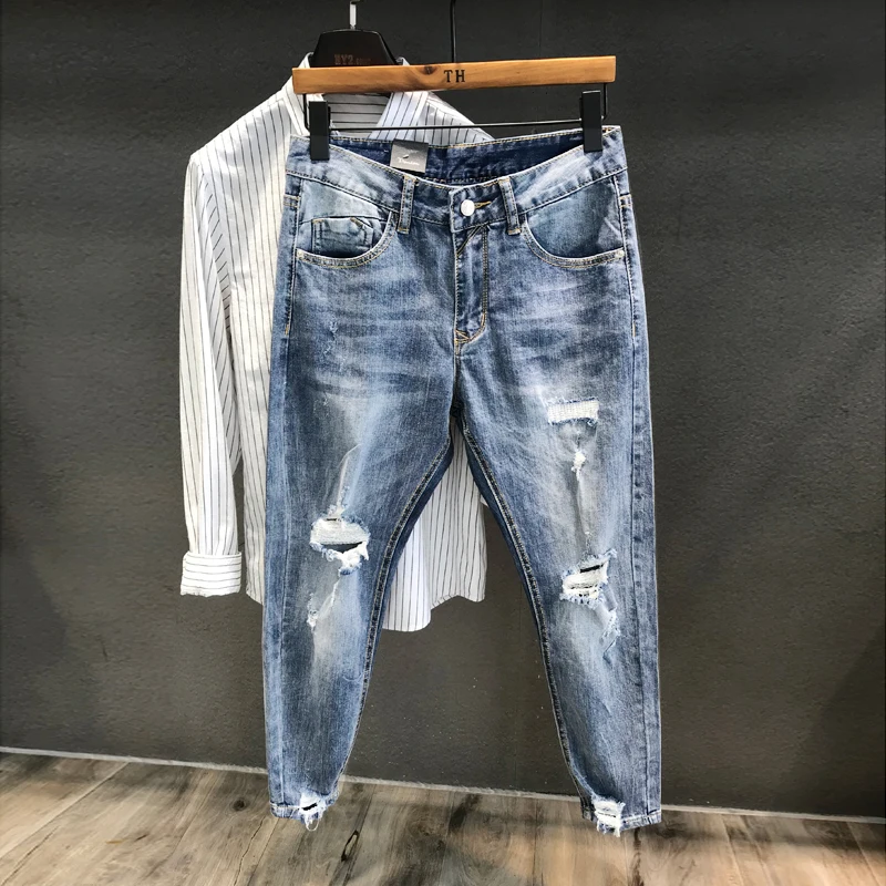 

Spring Summer Men's Slim Fit Jeans Fashionable Thin Style Break Hole Nine Points Korean Version Casual Youthful Travel Ready