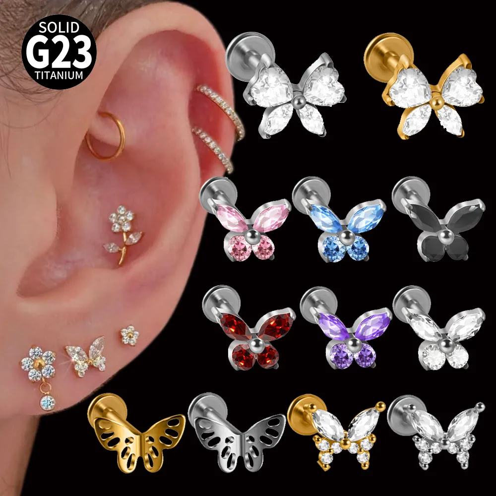 1PC Cz Butterfly G23 Pure Titanium Lip Studs Internal Thread Ear Helix Tragus Cartilage Earrings Body Piercing Jewelry 16G