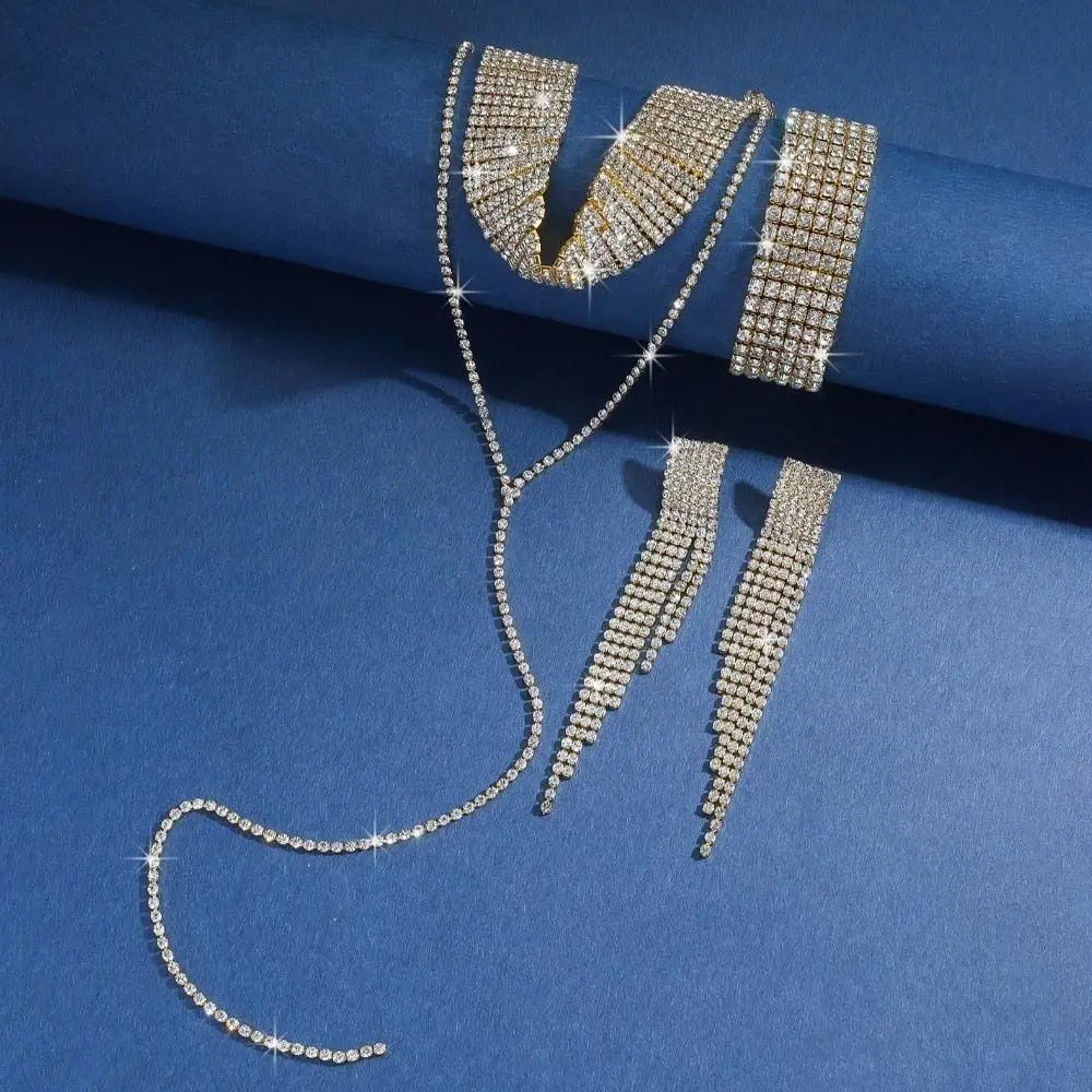 

2/3pcs Fashionable Tassel Jewelry Set Simple Shining Necklace Earrings Bracelet Set Luxury Exquisite Rhinestone Necklace Set