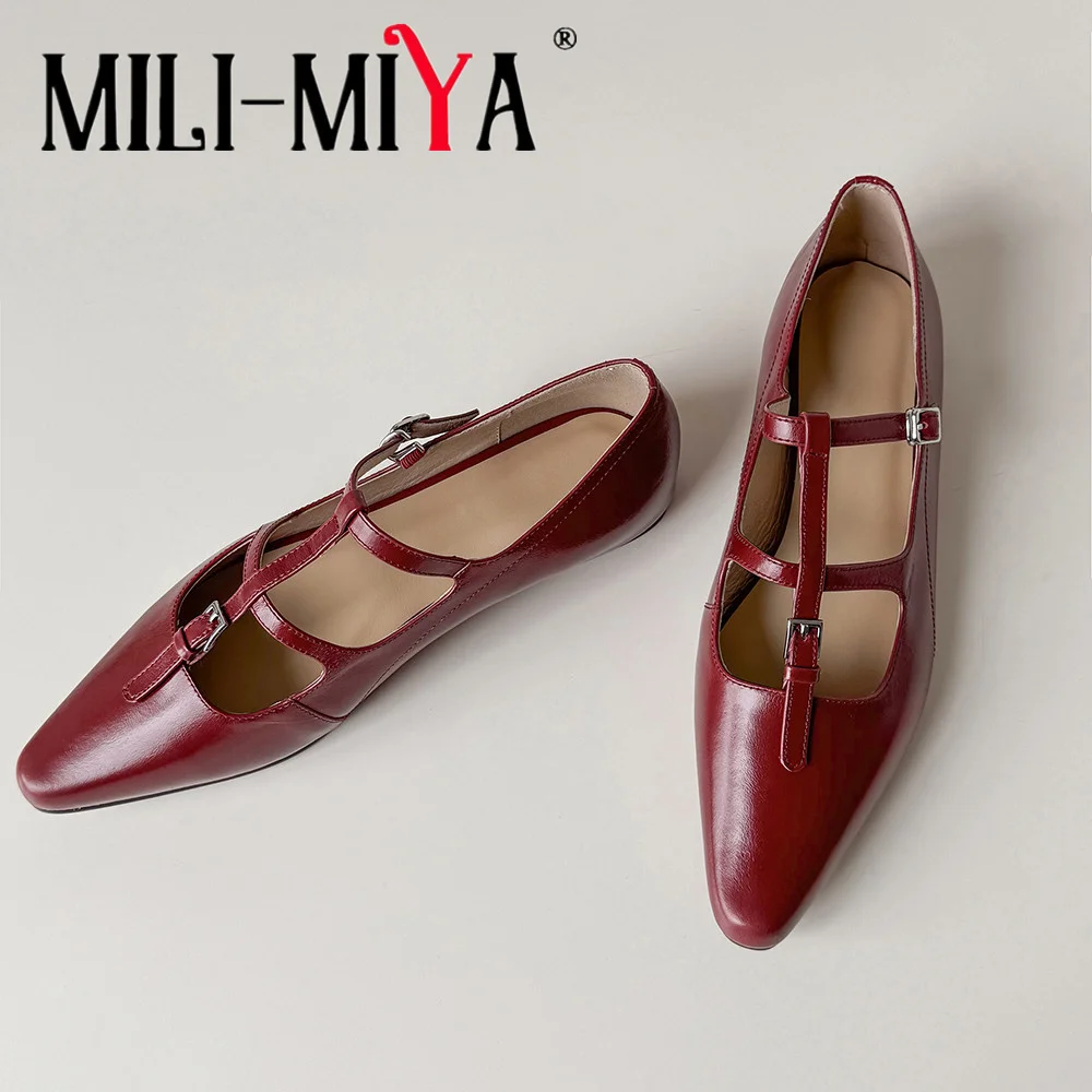 

MILI-MIYA/женские туфли из коровьей кожи с острым носком на плоской подошве, однотонная повседневная уличная обувь с пряжкой и ремешком, ручная работа для женщин